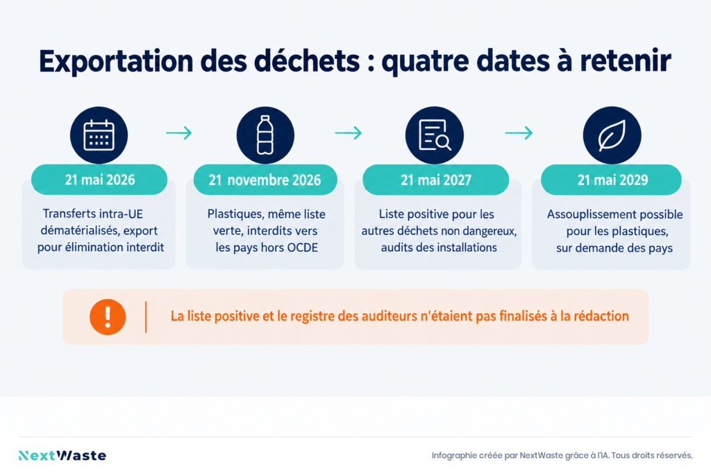 Frise chronologique en quatre étapes des échéances du règlement européen 2024/1157 sur l'exportation des déchets, de 2026 à 2029.