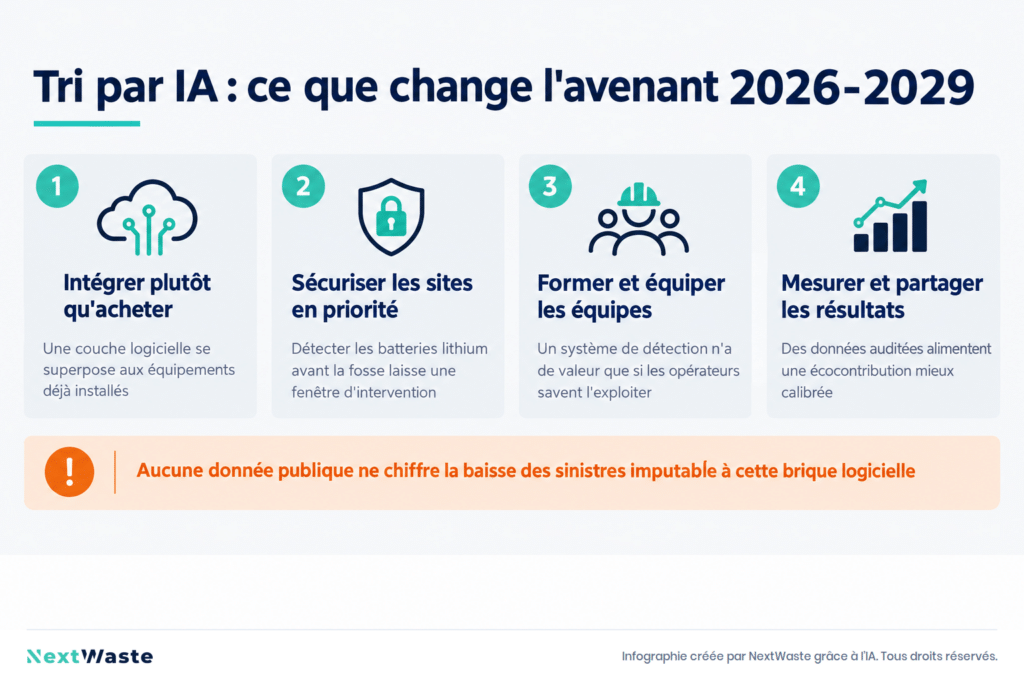 Infographie en quatre blocs : intégrer, sécuriser, former, mesurer, pour déployer le tri par IA dans le cadre de l'avenant 2026-2029