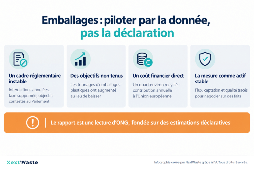 Infographie en quatre blocs : cadre réglementaire instable, objectifs non tenus, coût financier, mesure des flux comme repère stable pour les opérateurs