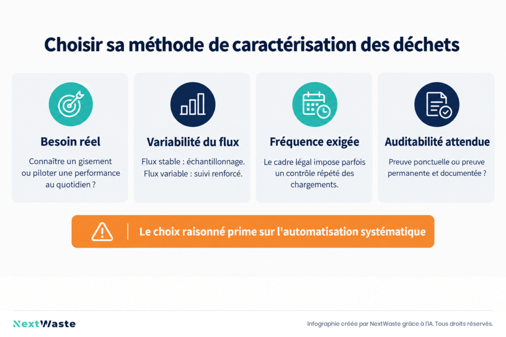 Infographie en quatre blocs : besoin réel, variabilité du flux, fréquence exigée et auditabilité, les variables pour choisir une méthode de caractérisation.