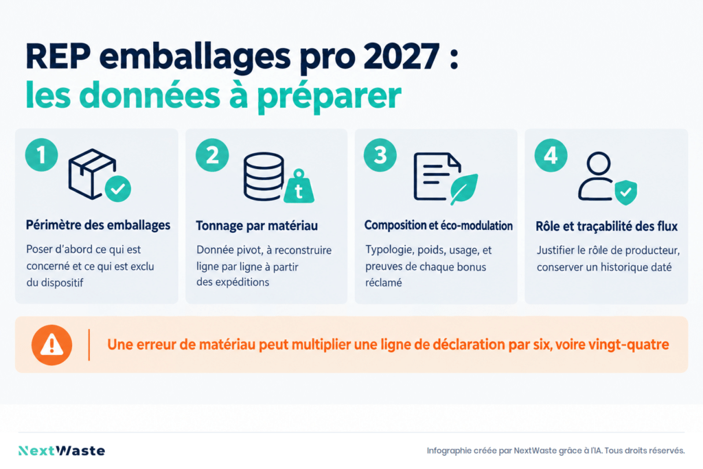 Checklist de quatre blocs : périmètre, tonnage par matériau, composition et éco-modulation, rôle et traçabilité, pour préparer la REP emballages 2027